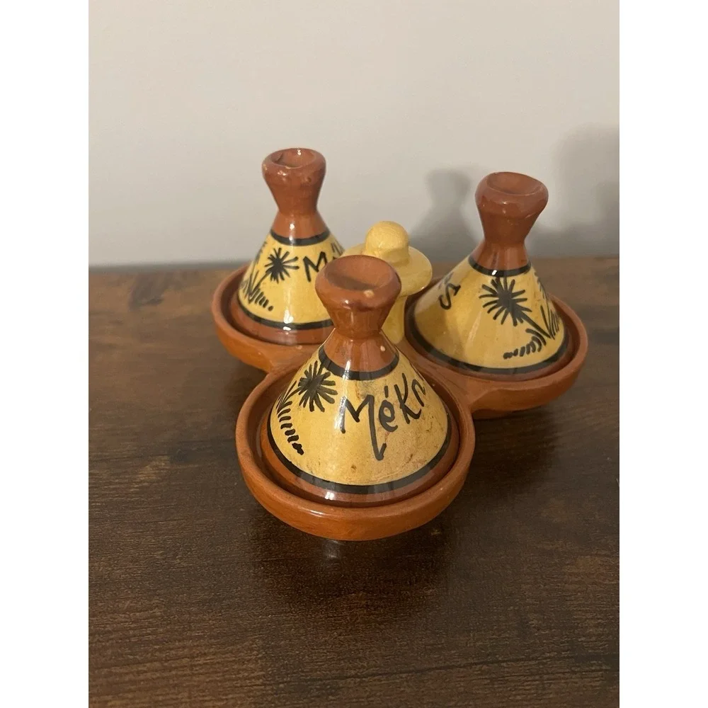 Vintage Pottery Three Spice Holder, Moroccan Tagine‎ Salt Pepper Cumin Curry